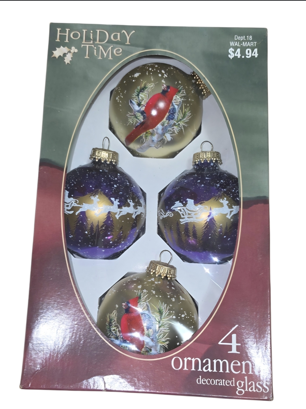 Vintage Holiday Time Glass Christmas Ornaments Set of 4 Cardinal Santa Sleigh